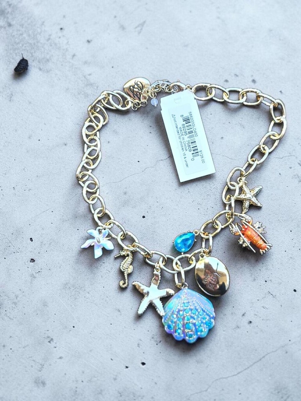 Betsey Johnson Beach Charm Necklace with Iridescent Shell & Blue Teardrop